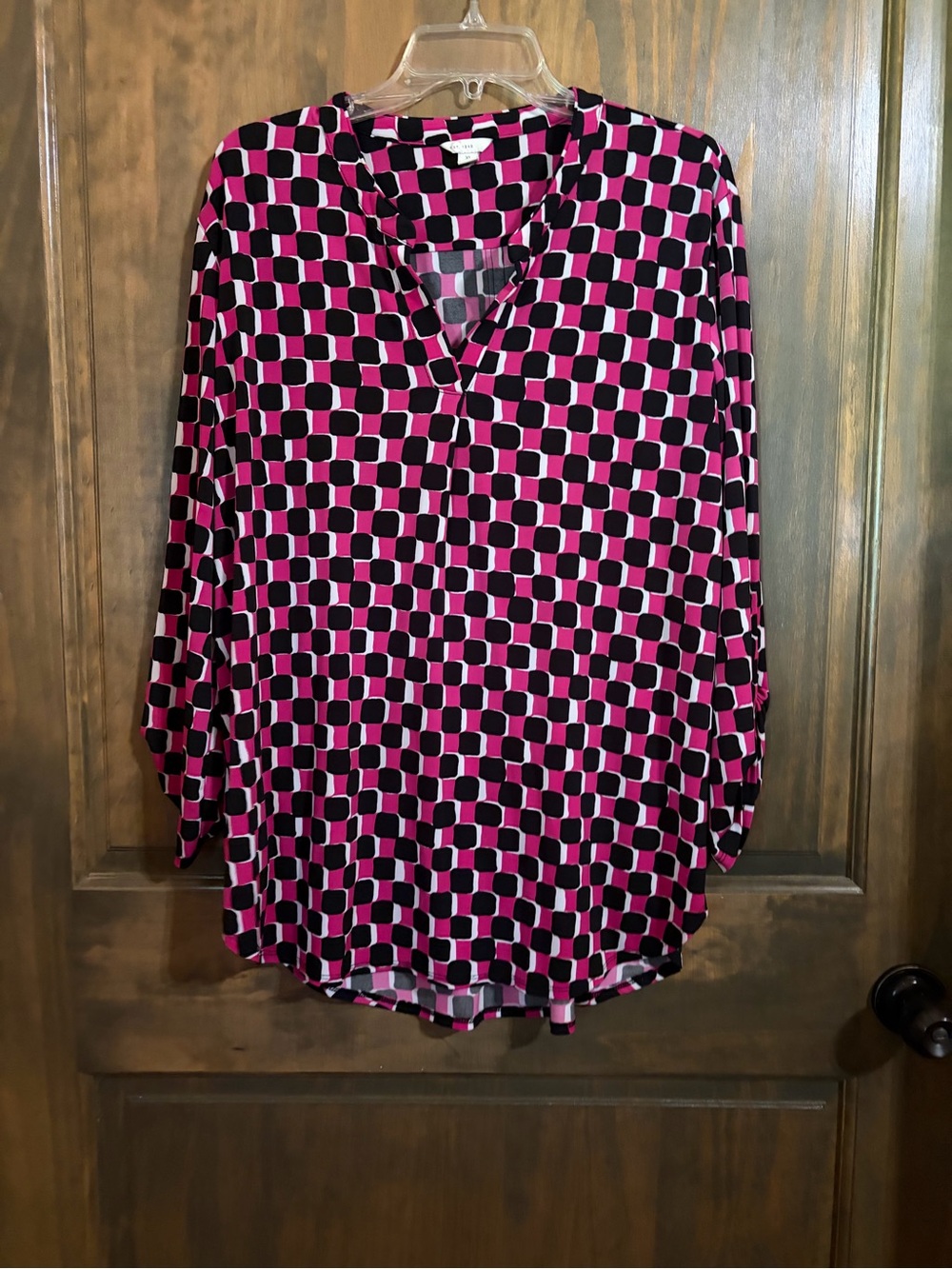 Cato Hot Pink and Black Geometric V-Neck Blouse